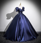 Elegant Navy Blue Puff Sleeve Satin Long Ball Gown Prom Dresses Sweet 16 Dresses