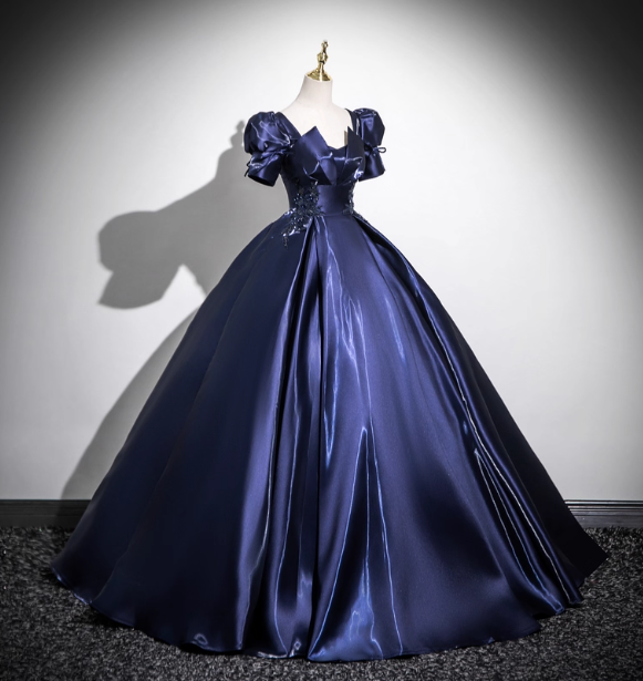Elegant Navy Blue Puff Sleeve Satin Long Ball Gown Prom Dresses Sweet 16 Dresses