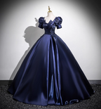 Elegant Navy Blue Puff Sleeve Satin Long Ball Gown Prom Dresses Sweet 16 Dresses