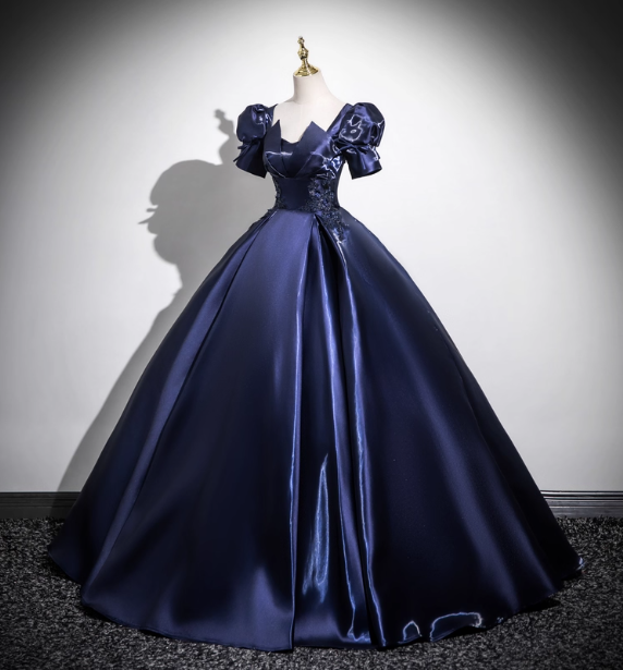 Elegant Navy Blue Puff Sleeve Satin Long Ball Gown Prom Dresses Sweet 16 Dresses
