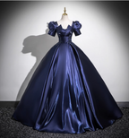 Elegant Navy Blue Puff Sleeve Satin Long Ball Gown Prom Dresses Sweet 16 Dresses