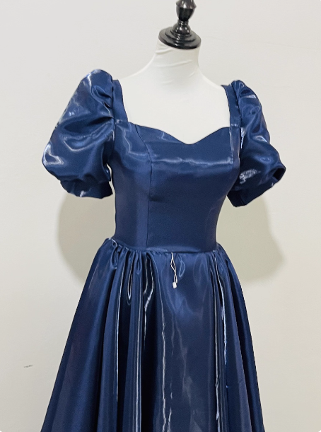 Elegant Navy Blue Puffed Short Sleeve Satin Long Formal Prom Dresses