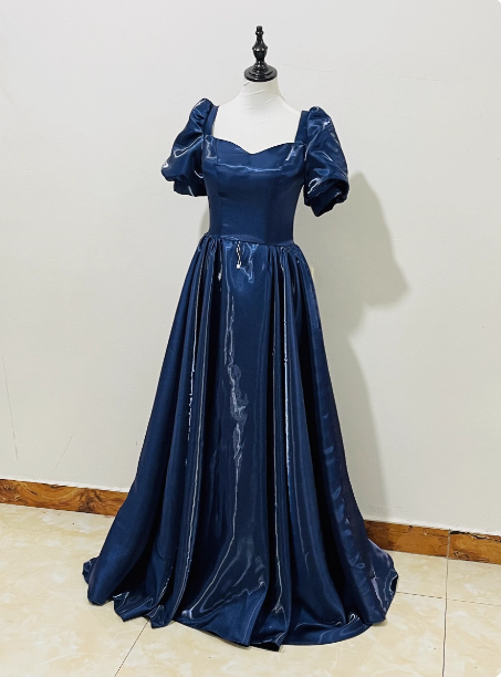 Elegant Navy Blue Puffed Short Sleeve Satin Long Formal Prom Dresses