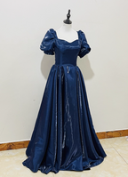 Elegant Navy Blue Puffed Short Sleeve Satin Long Formal Prom Dresses