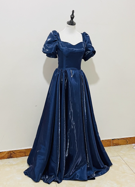 Elegant Navy Blue Puffed Short Sleeve Satin Long Formal Prom Dresses