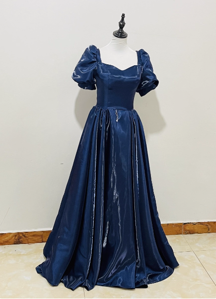 Elegant Navy Blue Puffed Short Sleeve Satin Long Formal Prom Dresses Main image