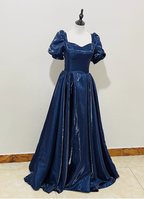 Elegant Navy Blue Puffed Short Sleeve Satin Long Formal Prom Dresses