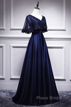 Elegant Navy Blue Short Sleeved Beaded Cape With Satin Lace Navy Blue V-Neck Backless And Ground Length Evening Dresses