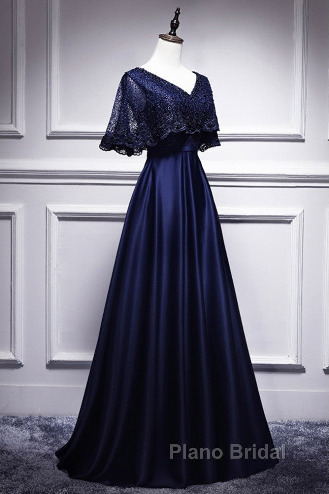 Elegant Navy Blue Short Sleeved Beaded Cape With Satin Lace Navy Blue V-Neck Backless And Ground Length Evening Dresses