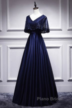 Elegant Navy Blue Short Sleeved Beaded Cape With Satin Lace Navy Blue V-Neck Backless And Ground Length Evening Dresses