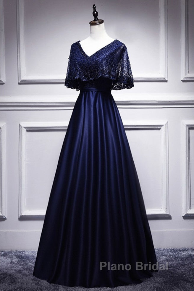 Elegant Navy Blue Short Sleeved Beaded Cape With Satin Lace Navy Blue V-Neck Backless And Ground Length Evening Dresses