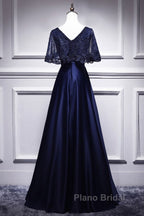 Elegant Navy Blue Short Sleeved Beaded Cape With Satin Lace Navy Blue V-Neck Backless And Ground Length Evening Dresses
