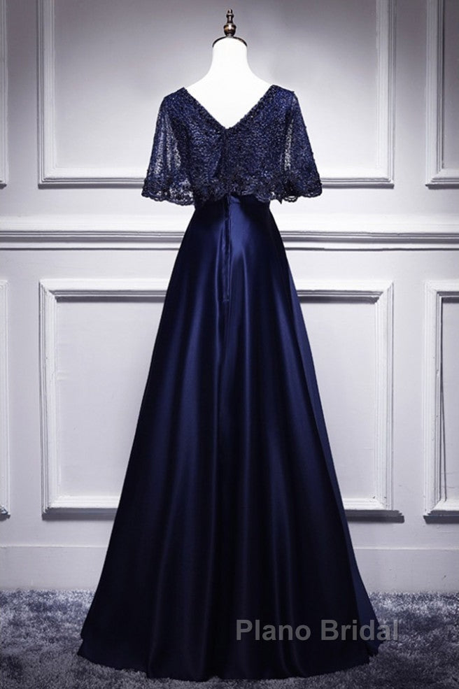 Elegant Navy Blue Short Sleeved Beaded Cape With Satin Lace Navy Blue V-Neck Backless And Ground Length Evening Dresses