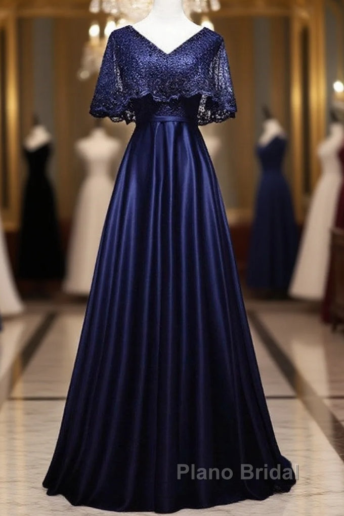 Elegant Navy Blue Short Sleeved Beaded Cape With Satin Lace Navy Blue V-Neck Backless And Ground Length Evening Dresses Main image