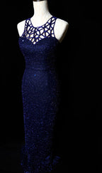 Elegant Navy Blue Sleeveless Cutout Halter Mermaid Bead Embroidered Lace Formal Prom Dresses