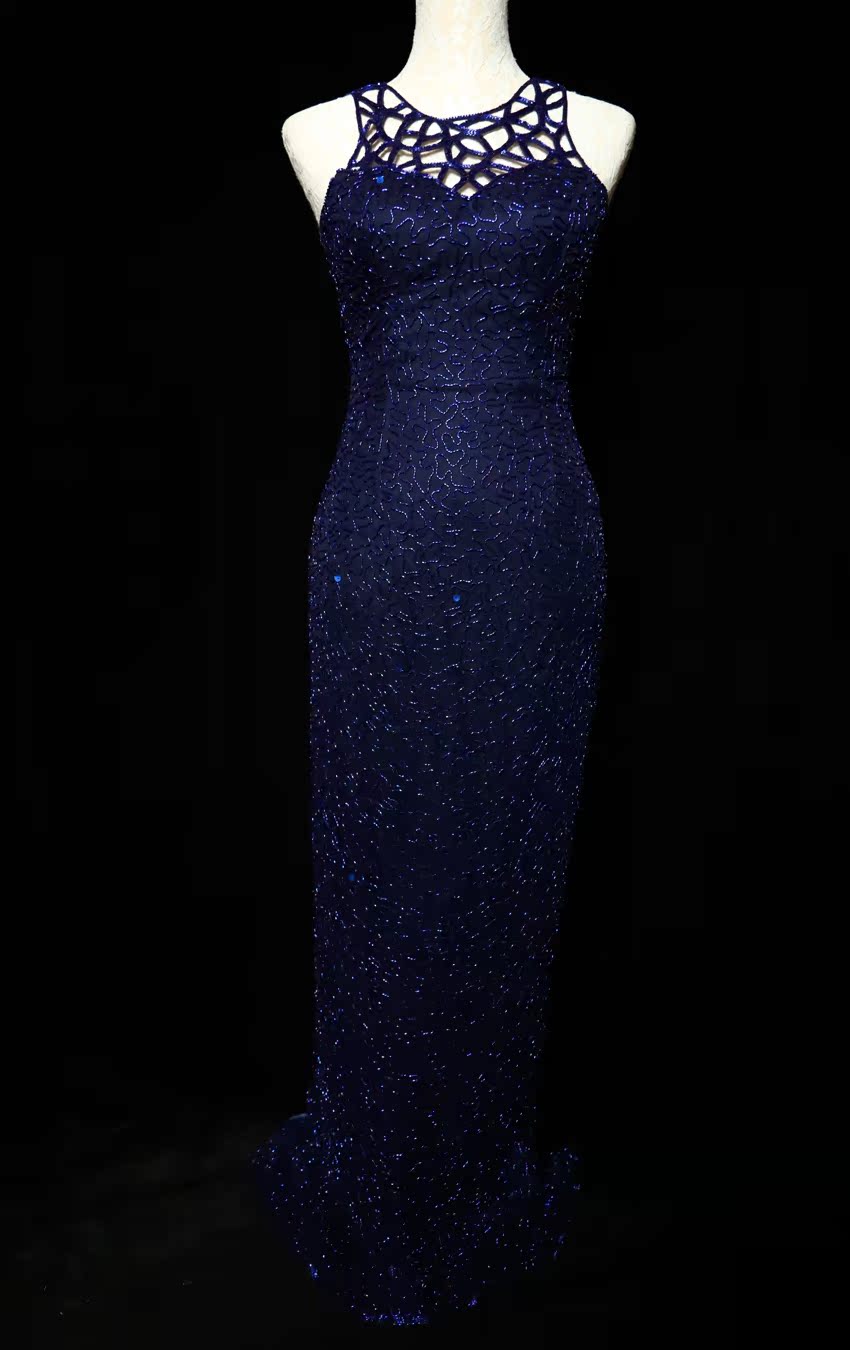 Elegant Navy Blue Sleeveless Cutout Halter Mermaid Bead Embroidered Lace Formal Prom Dresses
