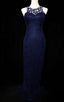 Elegant Navy Blue Sleeveless Cutout Halter Mermaid Bead Embroidered Lace Formal Prom Dresses