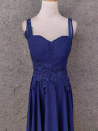 Elegant Navy Blue Spaghetti Strap Lace Ruffled Chiffon Long Formal Prom Dresses