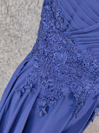 Elegant Navy Blue Spaghetti Strap Lace Ruffled Chiffon Long Formal Prom Dresses