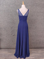 Elegant Navy Blue Spaghetti Strap Lace Ruffled Chiffon Long Formal Prom Dresses
