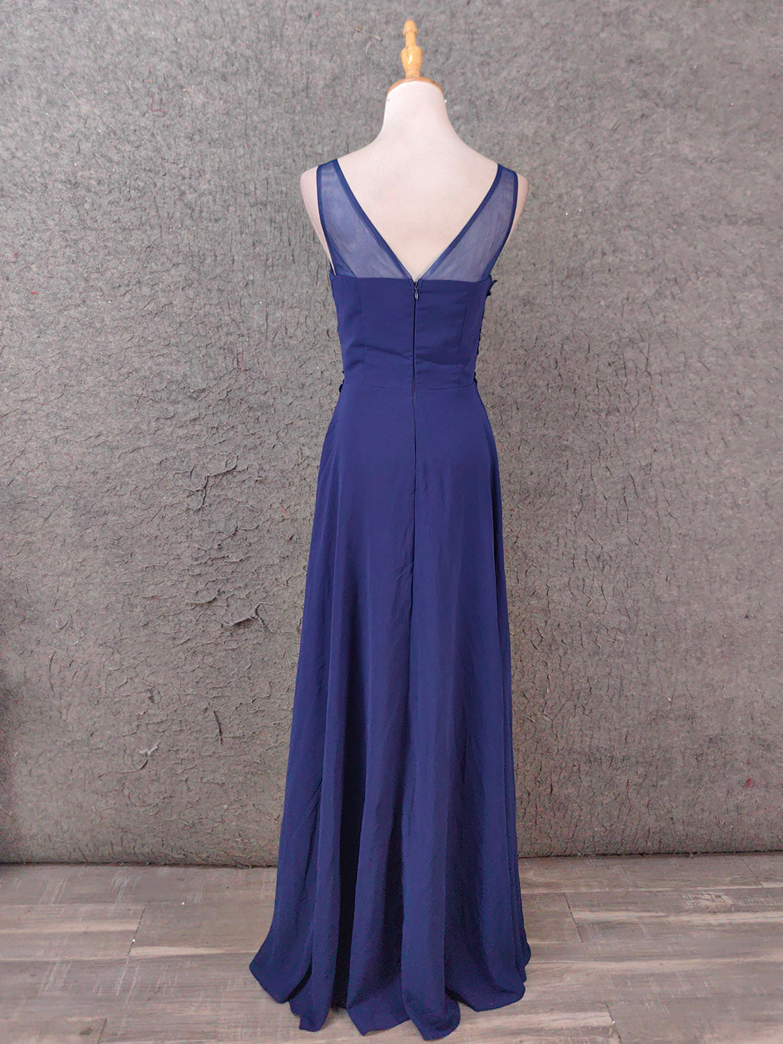 Elegant Navy Blue Spaghetti Strap Lace Ruffled Chiffon Long Formal Prom Dresses