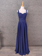 Elegant Navy Blue Spaghetti Strap Lace Ruffled Chiffon Long Formal Prom Dresses