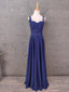 Elegant Navy Blue Spaghetti Strap Lace Ruffled Chiffon Long Formal Prom Dresses