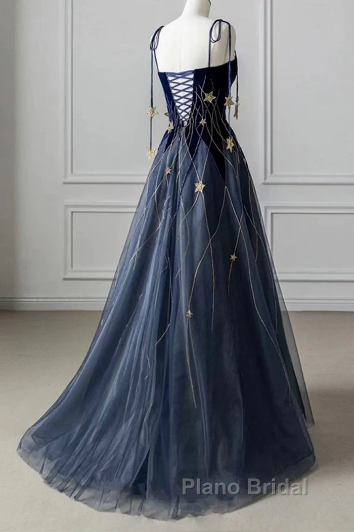 Elegant Navy Blue Spaghetti Strap Long Formal Prom Dresses With Star Secondary image
