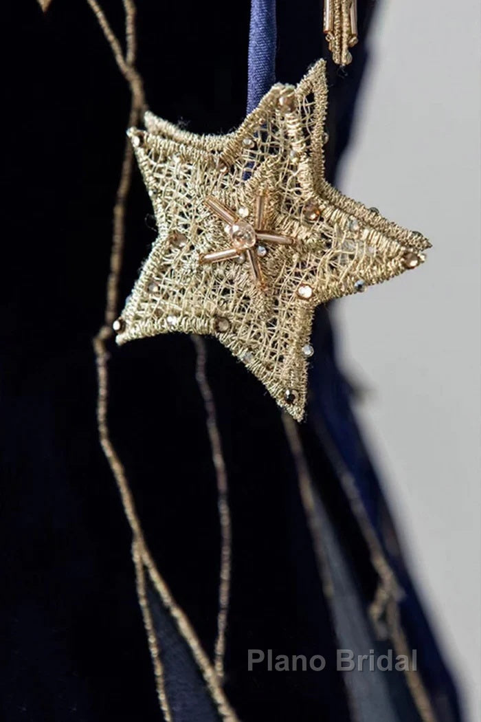 Elegant Navy Blue Spaghetti Strap Long Formal Prom Dresses With Star