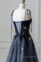 Elegant Navy Blue Spaghetti Strap Long Formal Prom Dresses With Star