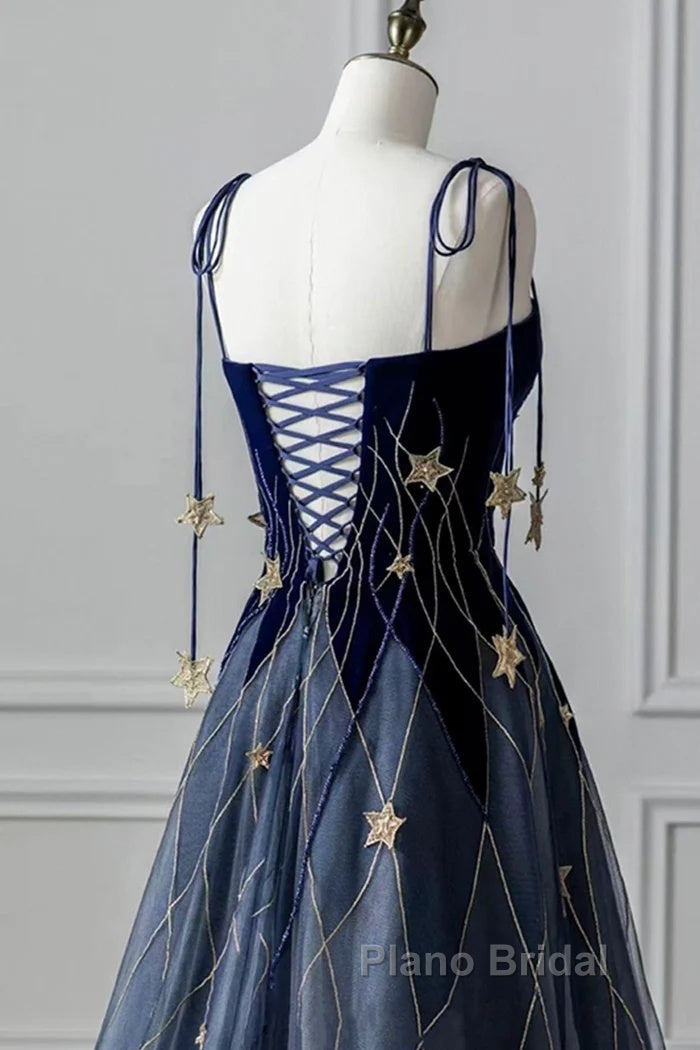 Elegant Navy Blue Spaghetti Strap Long Formal Prom Dresses With Star