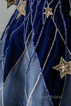Elegant Navy Blue Spaghetti Strap Long Formal Prom Dresses With Star