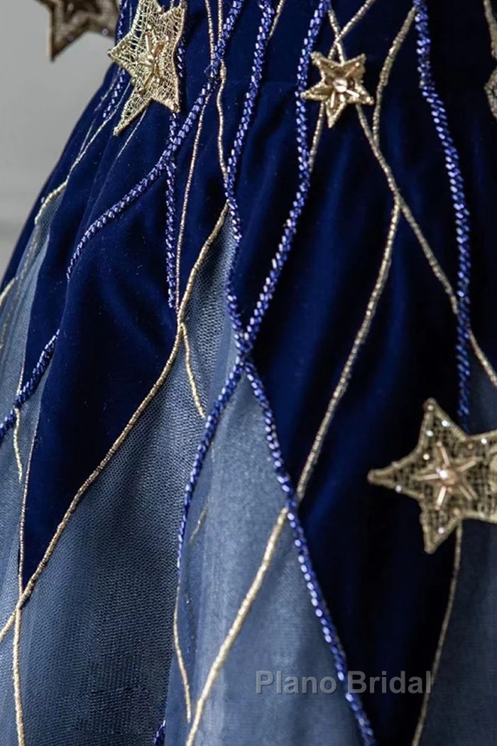 Elegant Navy Blue Spaghetti Strap Long Formal Prom Dresses With Star