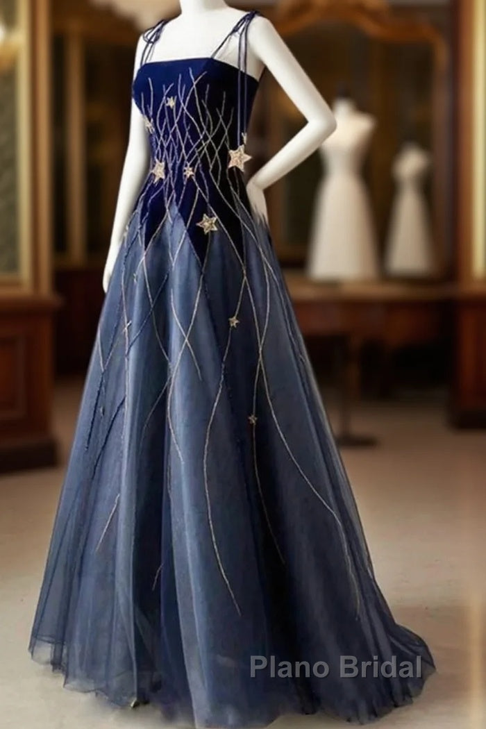 Elegant Navy Blue Spaghetti Strap Long Formal Prom Dresses With Star Main image