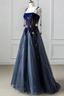 Elegant Navy Blue Spaghetti Strap Long Formal Prom Dresses With Star