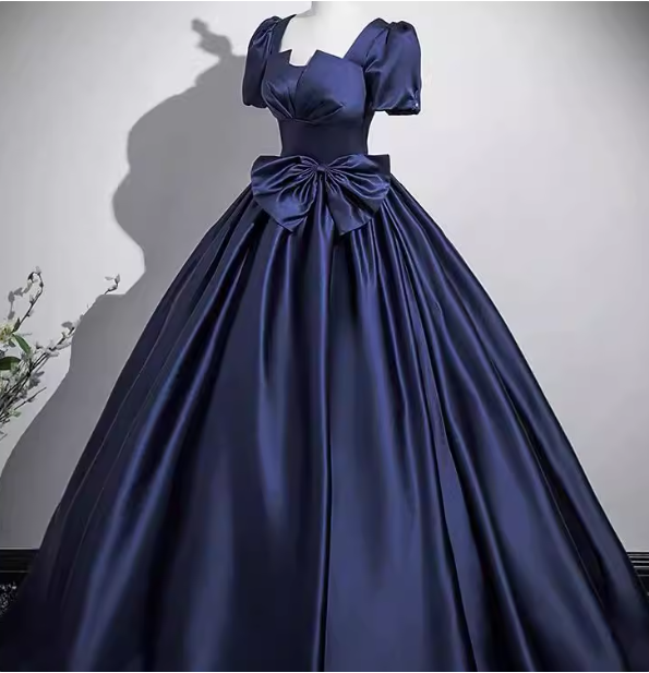 Elegant Navy Blue Square Neck Puff Sleeve Bow Satin Long Formal Prom Dresses