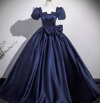 Elegant Navy Blue Square Neck Puff Sleeve Bow Satin Long Formal Prom Dresses