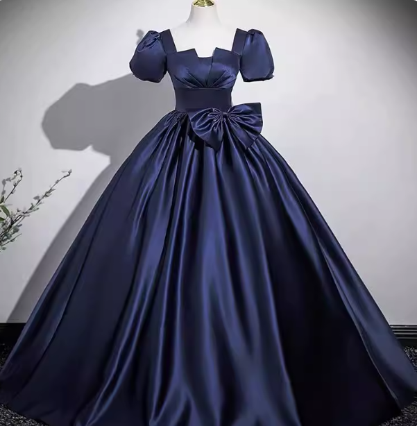 Elegant Navy Blue Square Neck Puff Sleeve Bow Satin Long Formal Prom Dresses
