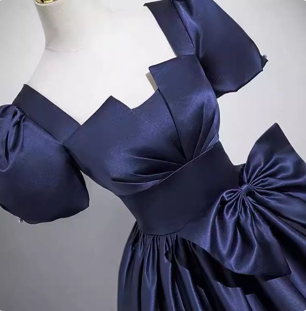 Elegant Navy Blue Square Neck Puff Sleeve Bow Satin Long Formal Prom Dresses