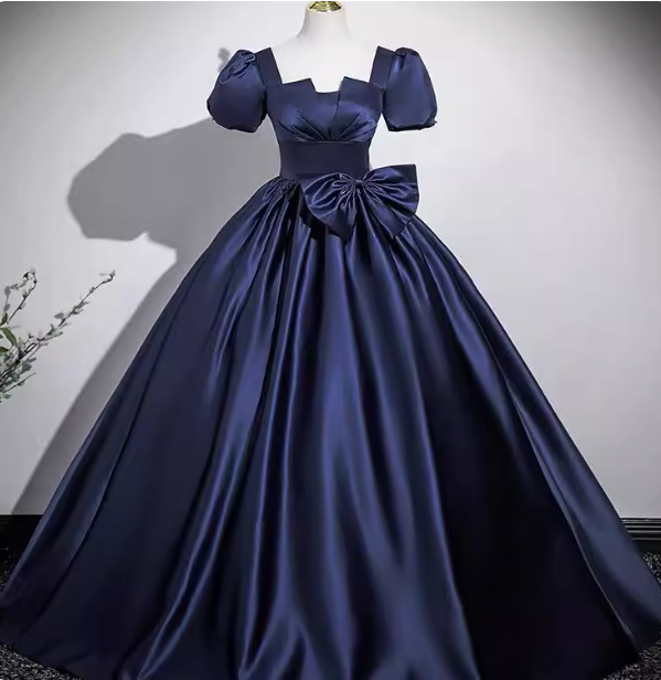 Elegant Navy Blue Square Neck Puff Sleeve Bow Satin Long Formal Prom Dresses