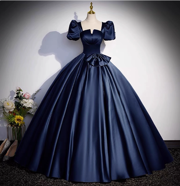 Elegant Navy Blue Square Neck Puff Sleeve Bow Satin Long Formal Prom Dresses Main image