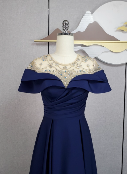 Elegant Navy Blue Train Beaded Satin Formal Prom Dresses