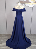 Elegant Navy Blue Train Beaded Satin Formal Prom Dresses