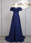 Elegant Navy Blue Train Beaded Satin Formal Prom Dresses