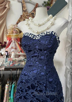Elegant Navy Mermaid Strapless Formal Prom Dresses Backless Chiffon Birthday Evening Dresses