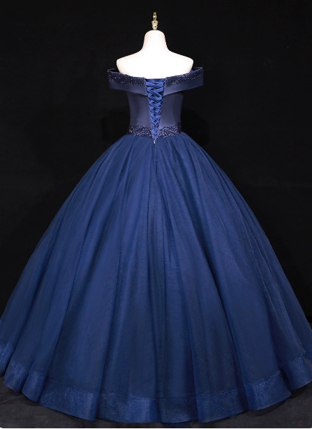 Elegant Navy Blue Off-The-Shoulder Beaded Satin Tulle Long Formal Prom Dresses