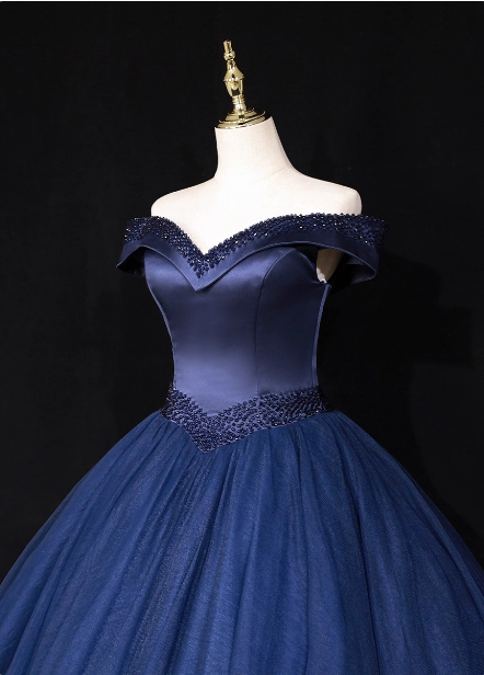 Elegant Navy Blue Off-The-Shoulder Beaded Satin Tulle Long Formal Prom Dresses