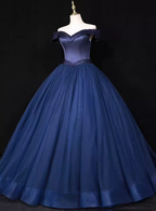 Elegant Navy Blue Off-The-Shoulder Beaded Satin Tulle Long Formal Prom Dresses