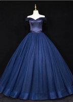 Elegant Navy Blue Off-The-Shoulder Beaded Satin Tulle Long Formal Prom Dresses