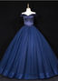 Elegant Navy Blue Off-The-Shoulder Beaded Satin Tulle Long Formal Prom Dresses